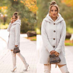 Beige Beautiful Boucle Look coat with hood
